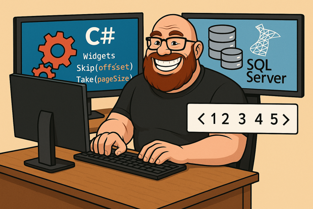 The CodeGorilla combines widgets created in code and widgets loaded from a database and then pages the results. He's smiling for Garo.